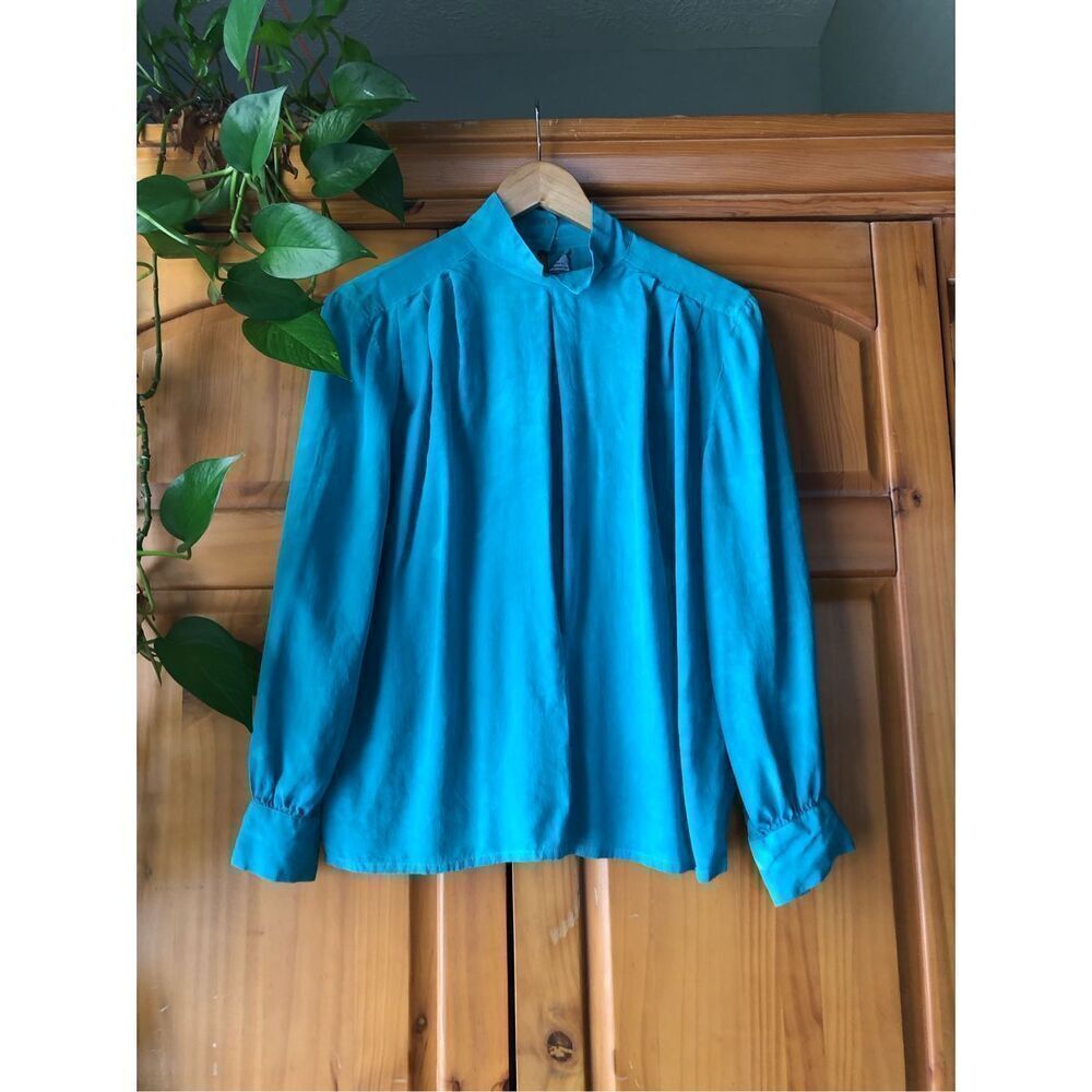 Raleighs Vintage 80s 100% Silk Blouse – Teal Mock Neck, Pleated Shoulders SZ 14
